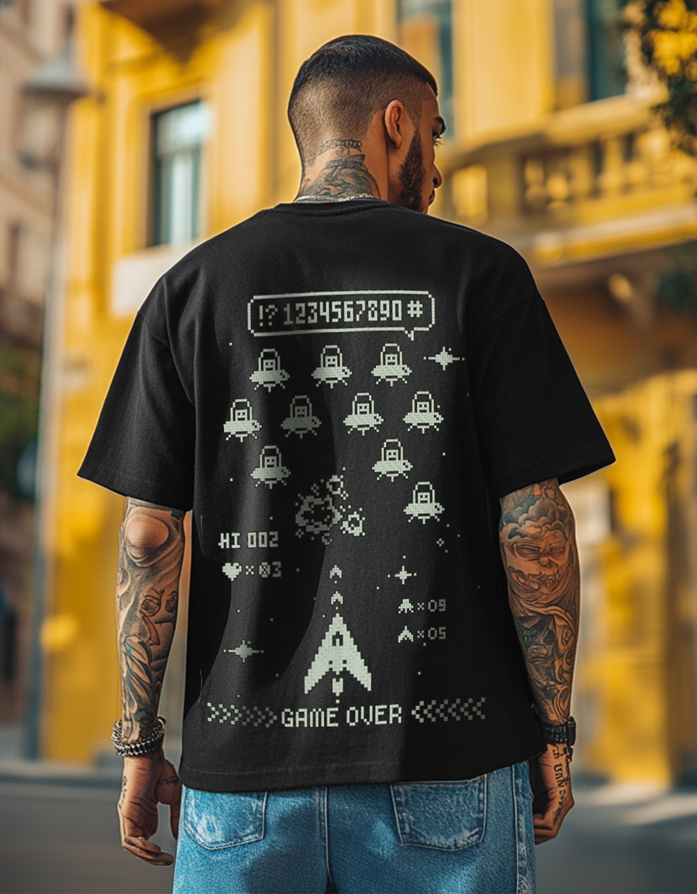 Game Over Black Oversized Back Graphic Printed T-shirt