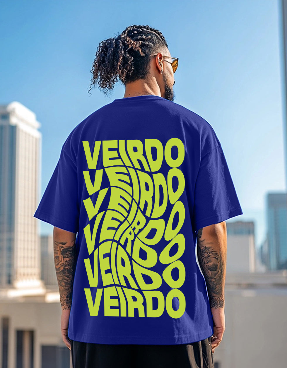 Veirdo Blue Oversized Back Graphic Printed T-shirt
