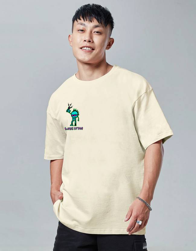 Punk Beige Oversized Placement Graphic Printed T-shirt