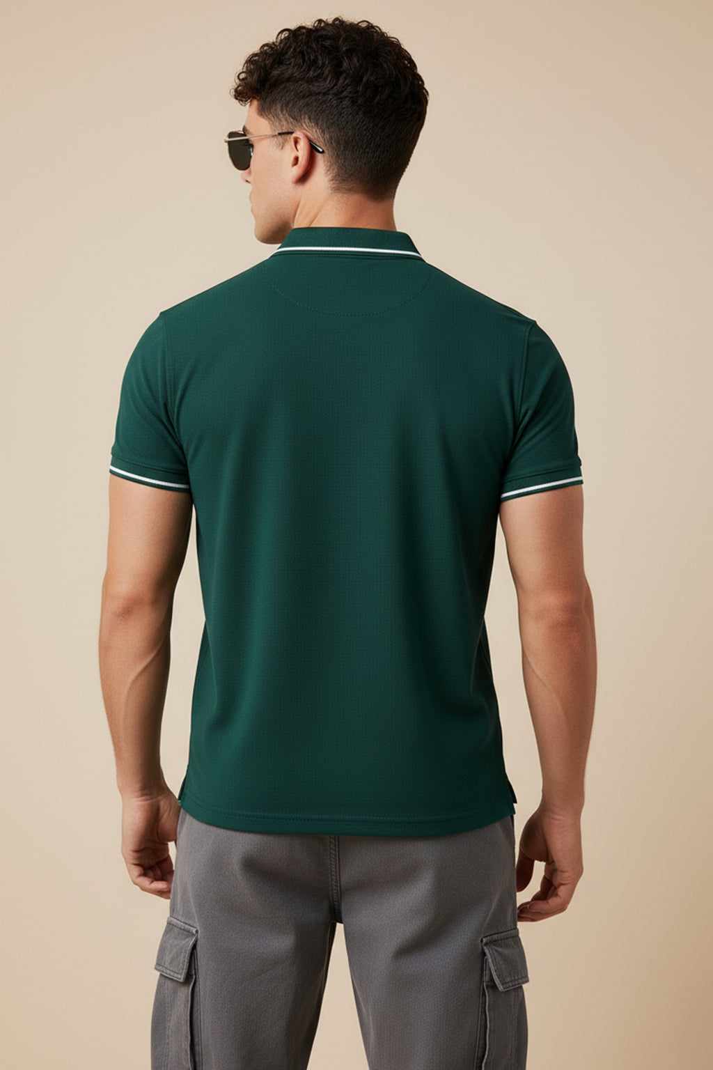 Green Pique Stripe Collar Regular Fit Tipping Polo T-shirt
