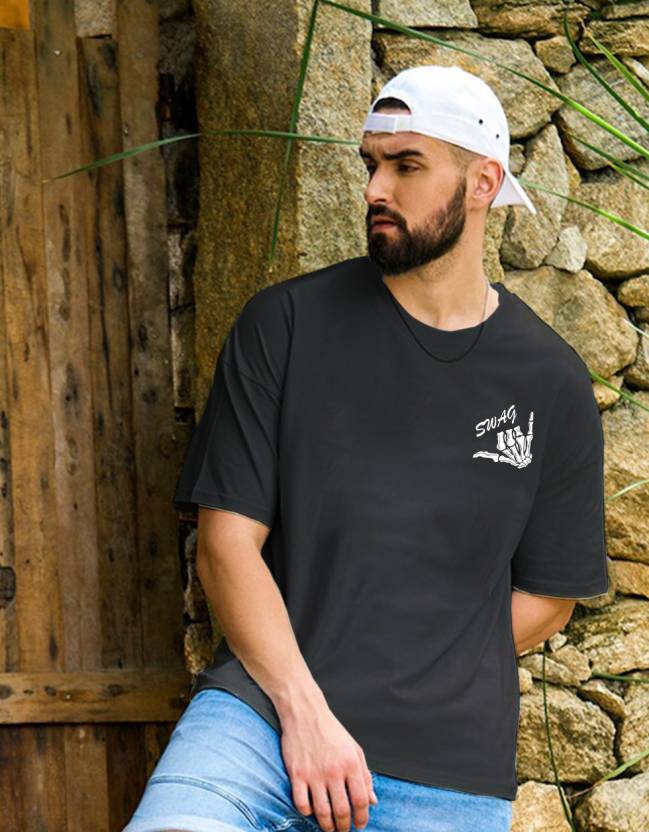 Swag Black Oversized Pocket Graphic Printed T-shirt