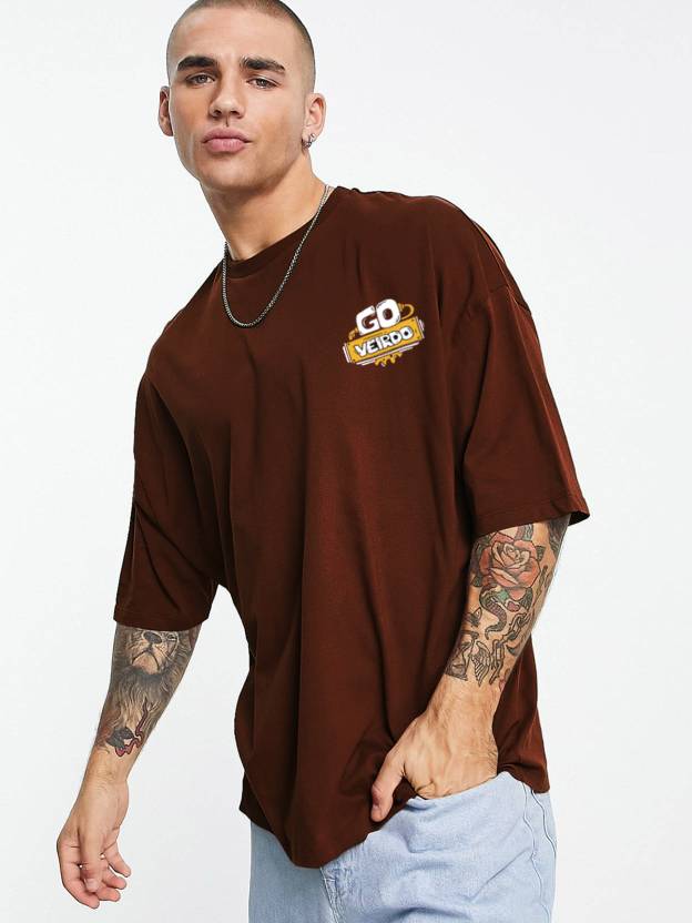 Go Veirdo Brown Oversized Pocket Graphic Printed T-shirt