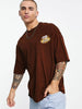 Go Veirdo Brown Oversized Pocket Graphic Printed T-shirt