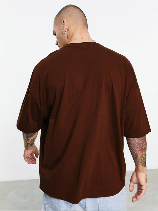Go Veirdo Brown Oversized Pocket Graphic Printed T-shirt
