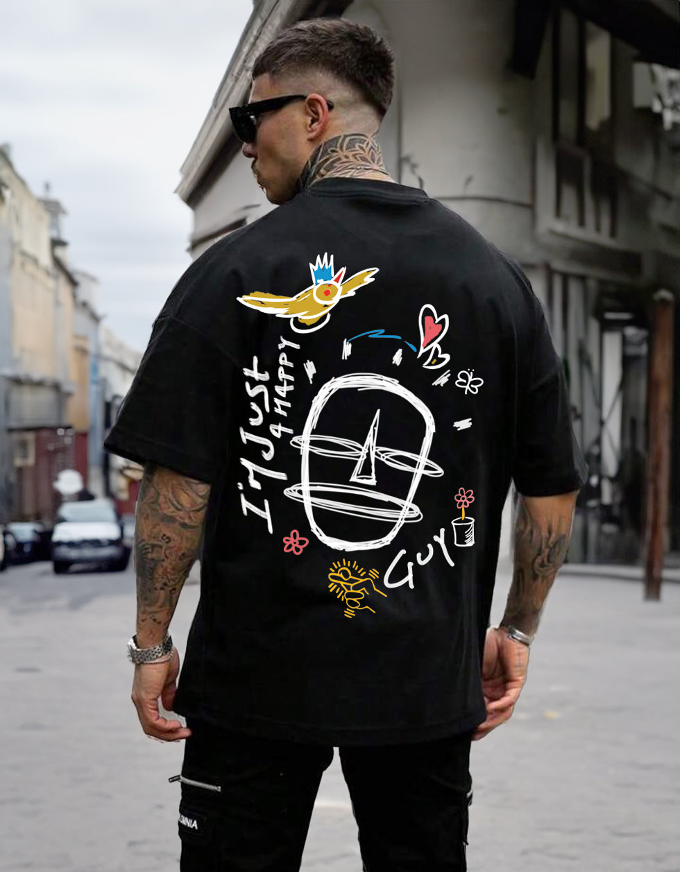 Happy Guy Black Oversized Back Graphic Printed T-shirt