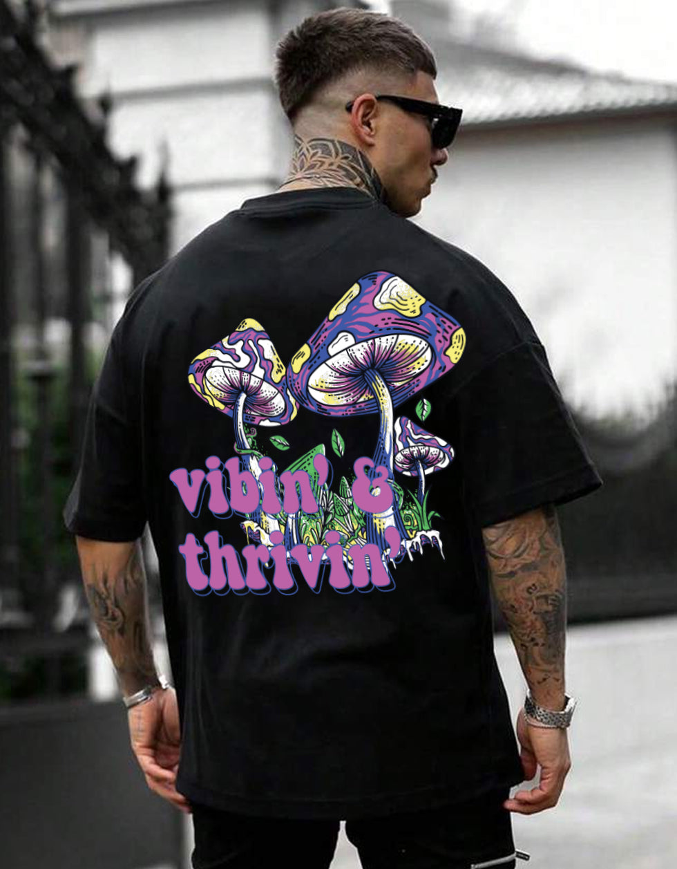 Vibin' & Thrivn' Black Oversized Back Back Graphic Printed T-shirt