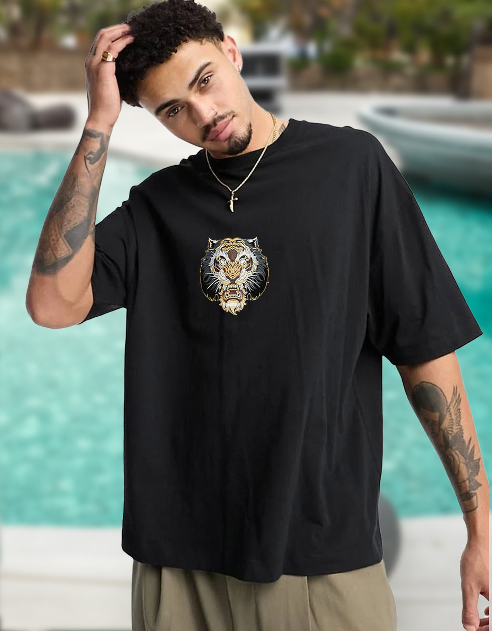 Tiger Black Oversized Back Graphic Printed T-shirt