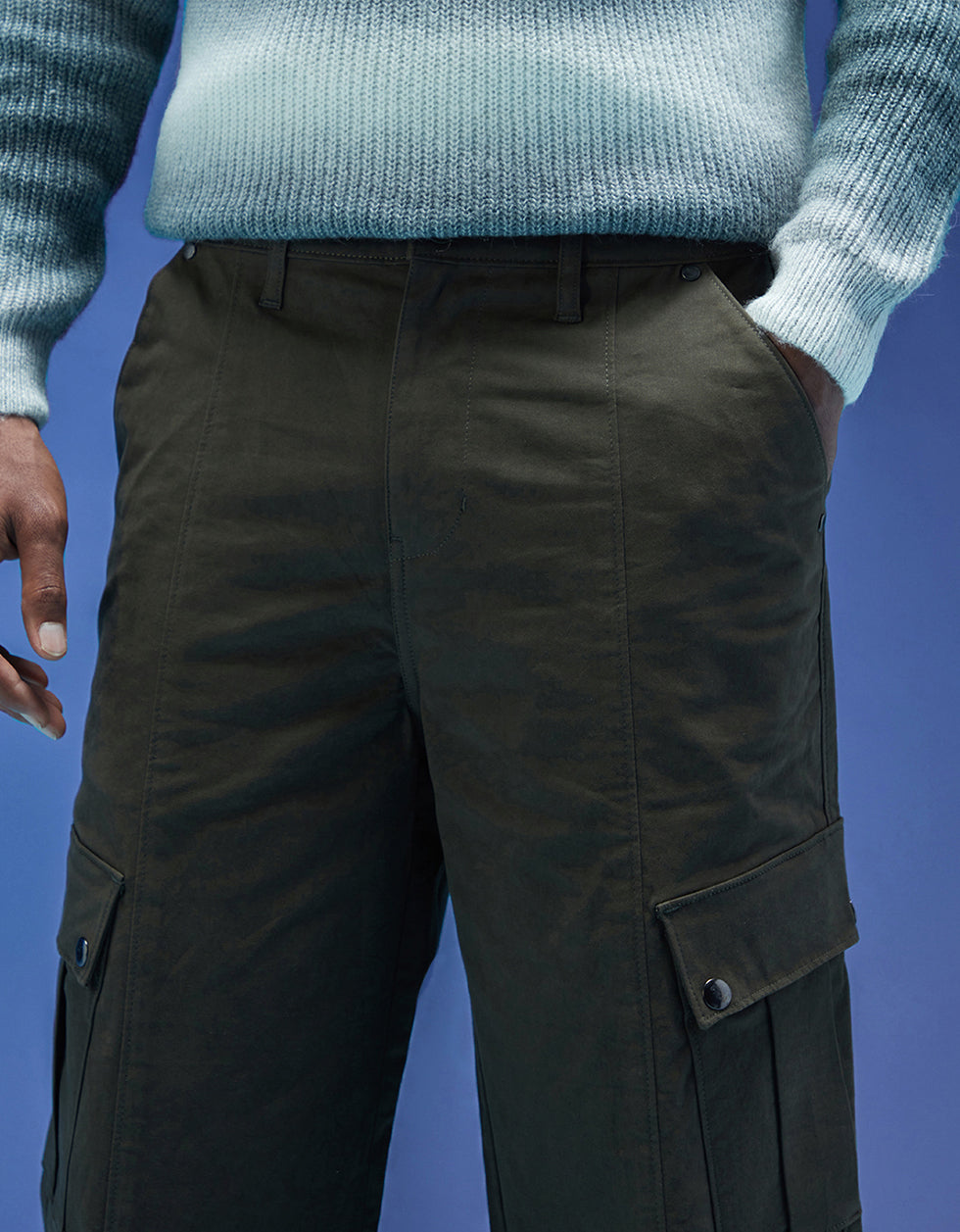 Olive Cut-n-sew Panel Woven Exclusive Cargo Pants with Rivets & Turn-u ...