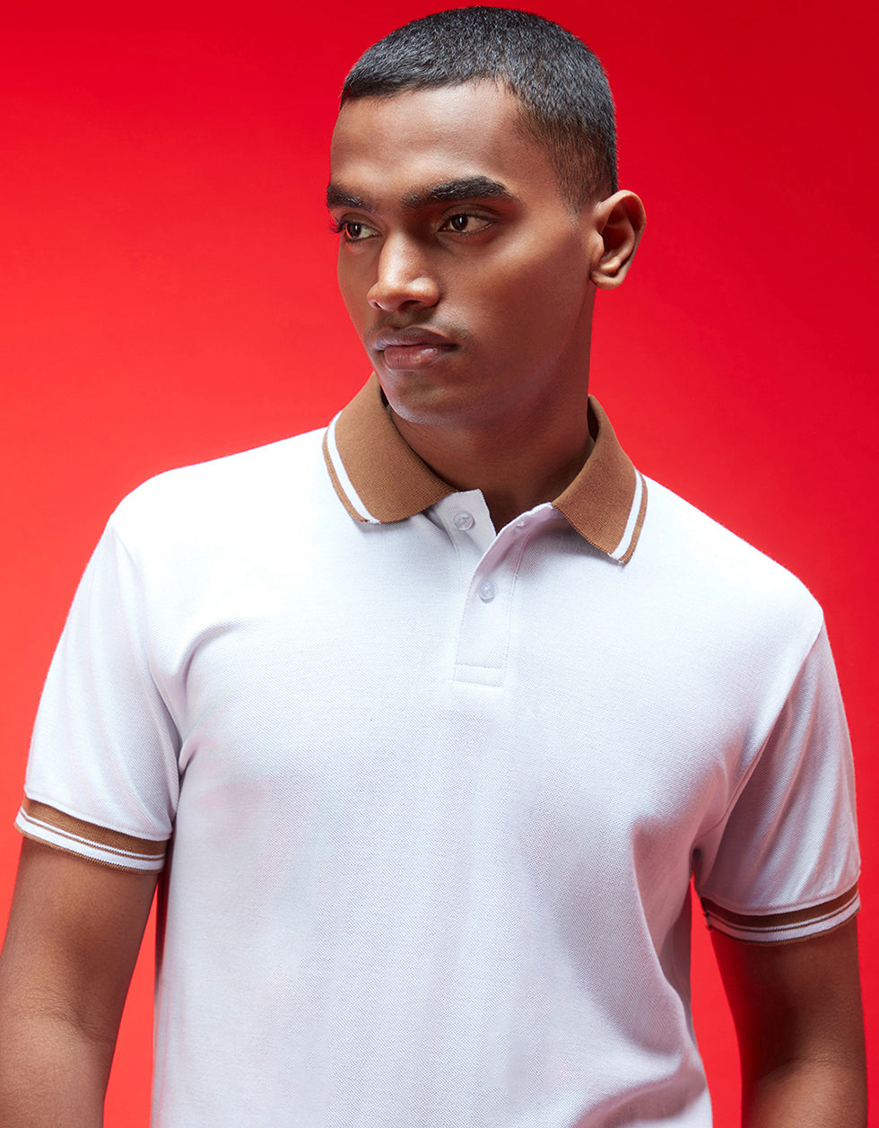 White Brown Plain Regular Slim Fit Polo T-shirt