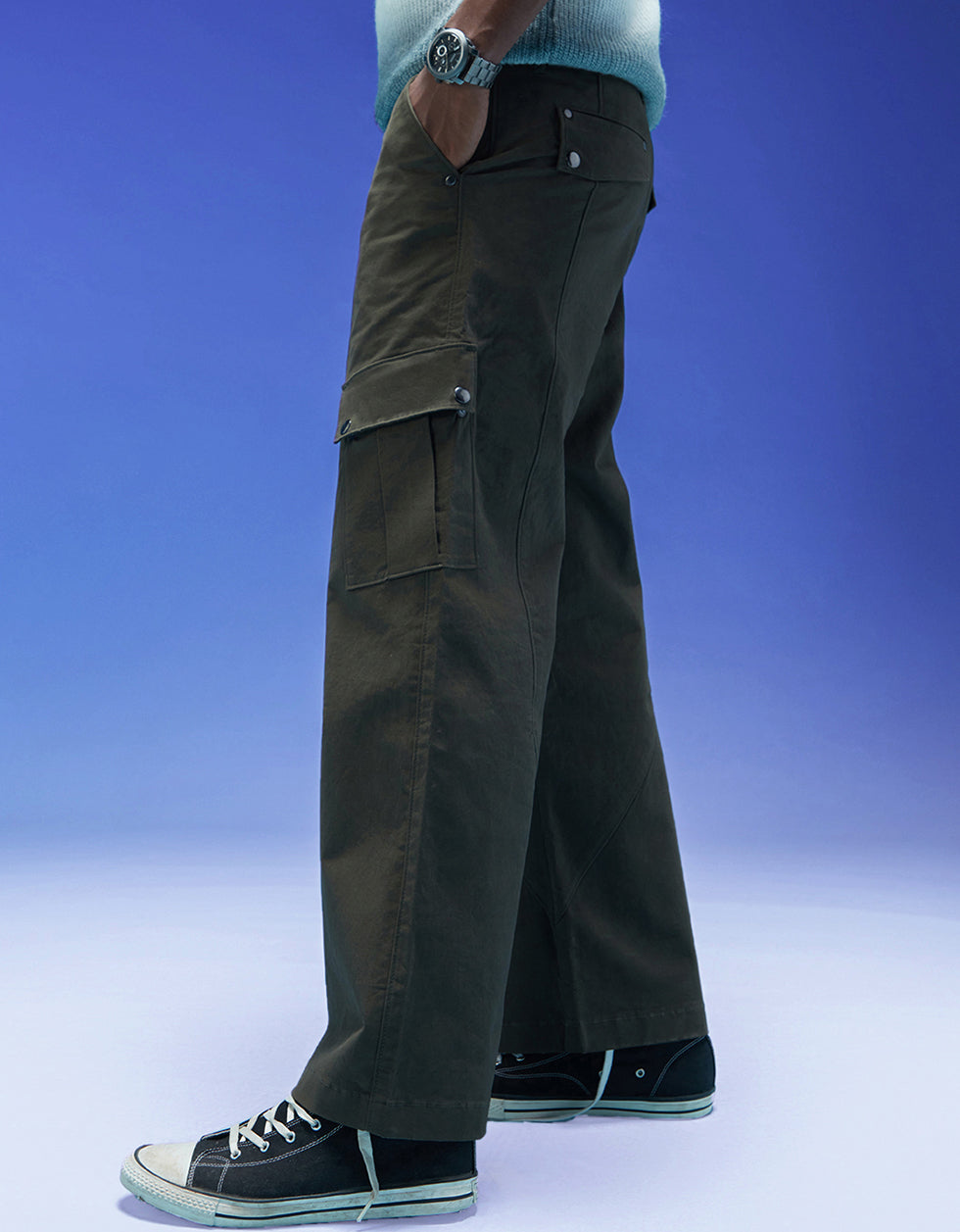 Olive Cut-n-sew Panel Woven Exclusive Cargo Pants with Rivets & Turn-up Hem