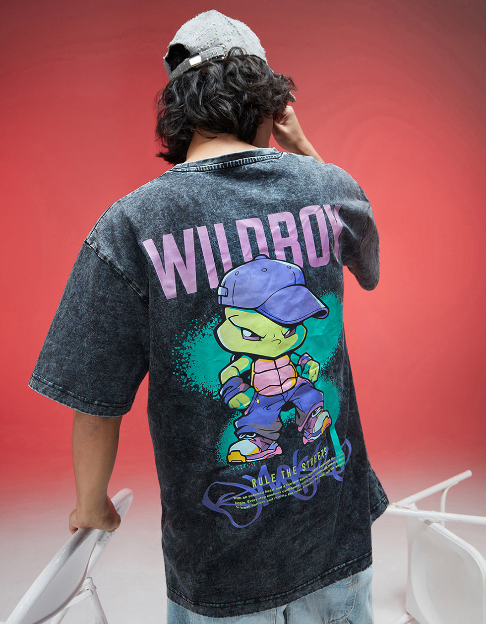 Wild Boy Black Oversized Acid Washed Graphic Back Printed Exclusive T-shirt