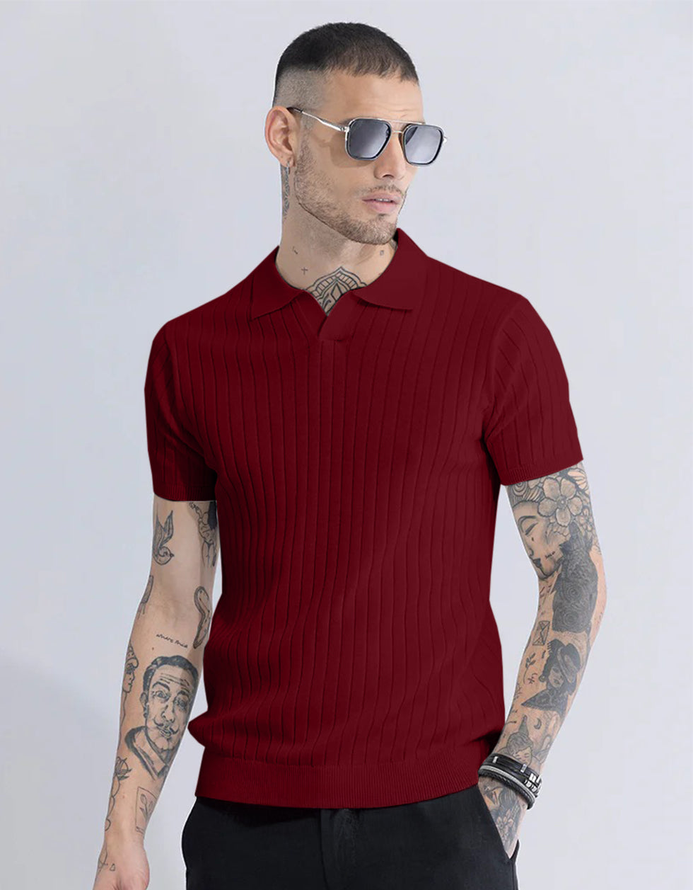 Wine Ribbed Flatknit Textured Regular Fit Exclusive Polo T-Shirt
