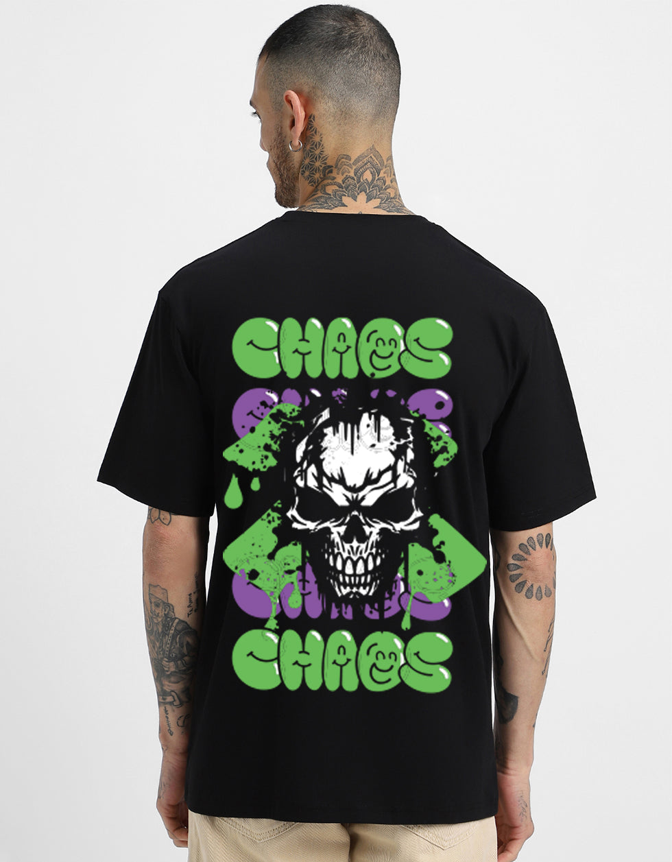 CHAOS Oversized Black Graphic  Back Printed Tshirt