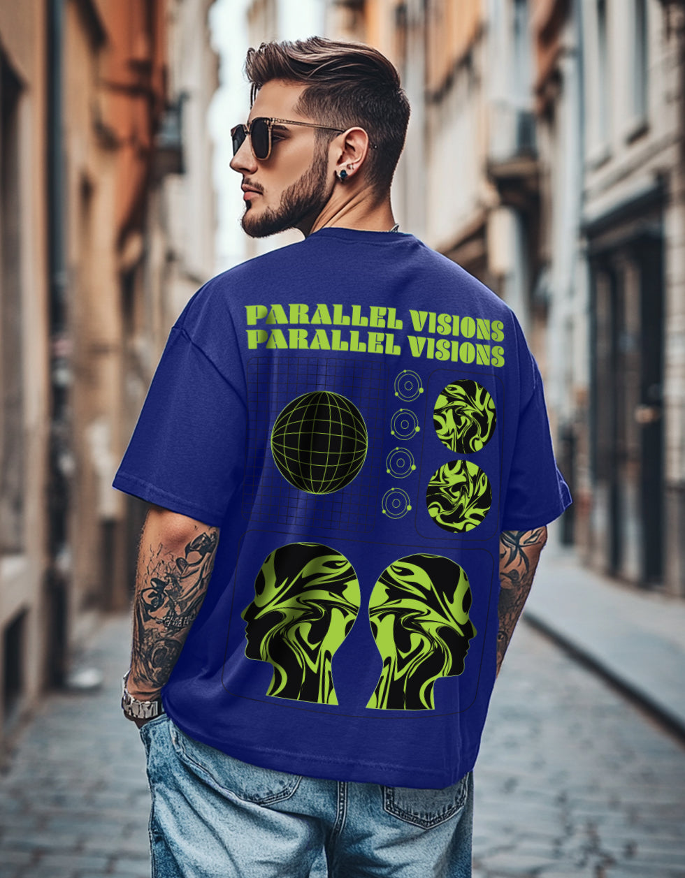 Parallel Visions Royal Blue Oversized Printed T-shirt