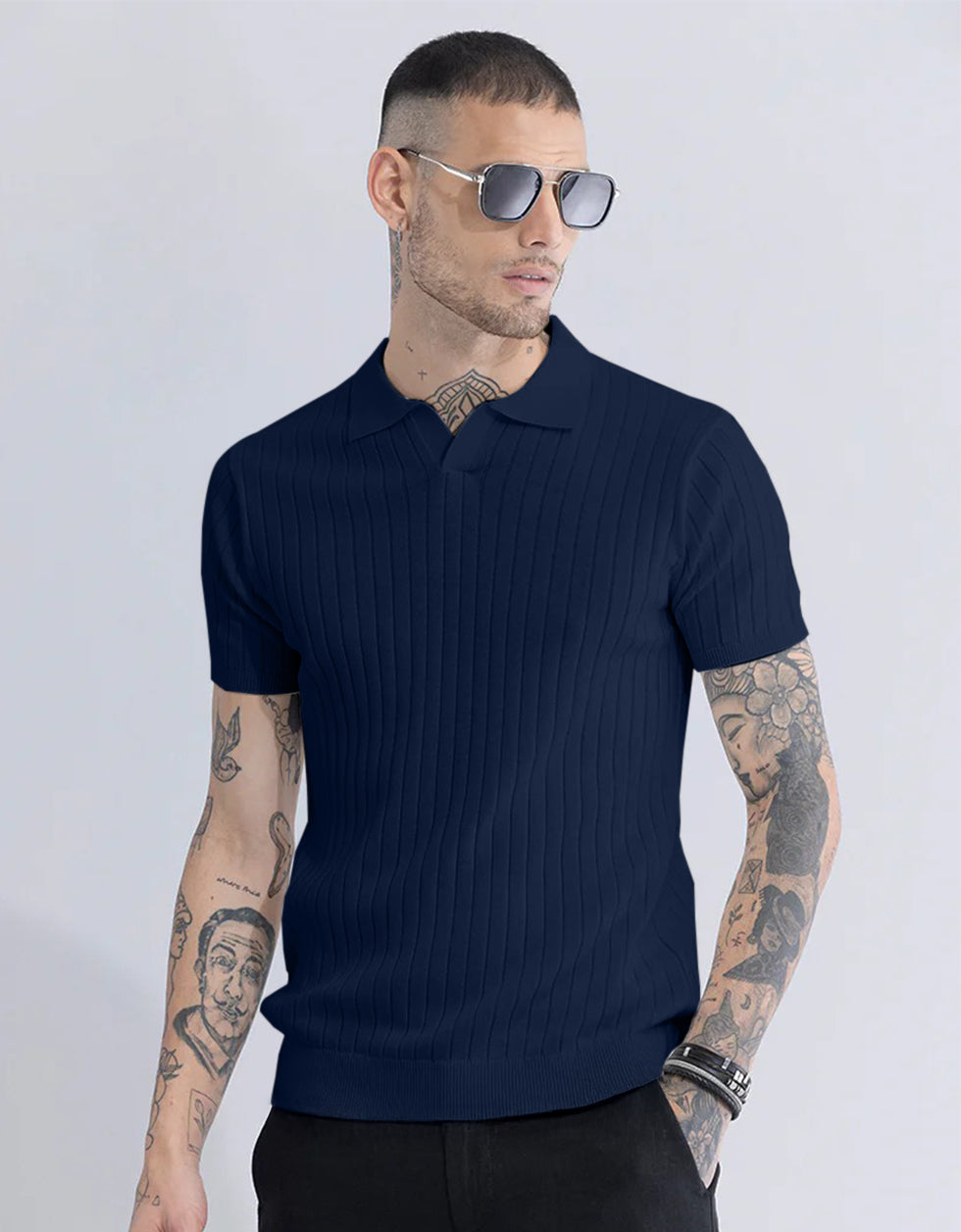 Navy Ribbed Flatknit Textured Regular Fit Exclusive Polo T-Shirt