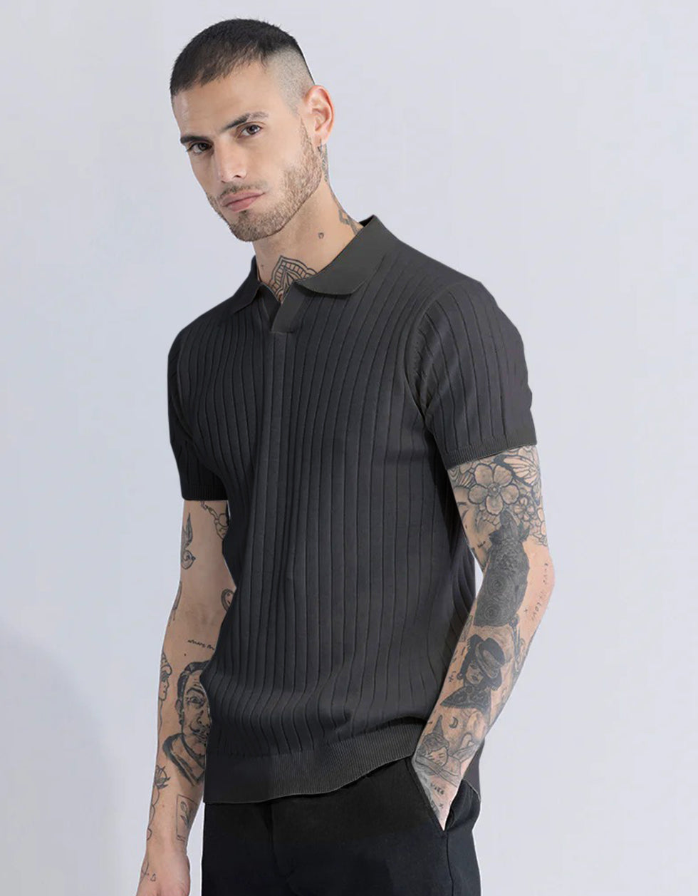 Grey Ribbed Flatknit Textured Regular Fit Exclusive Polo T-Shirt