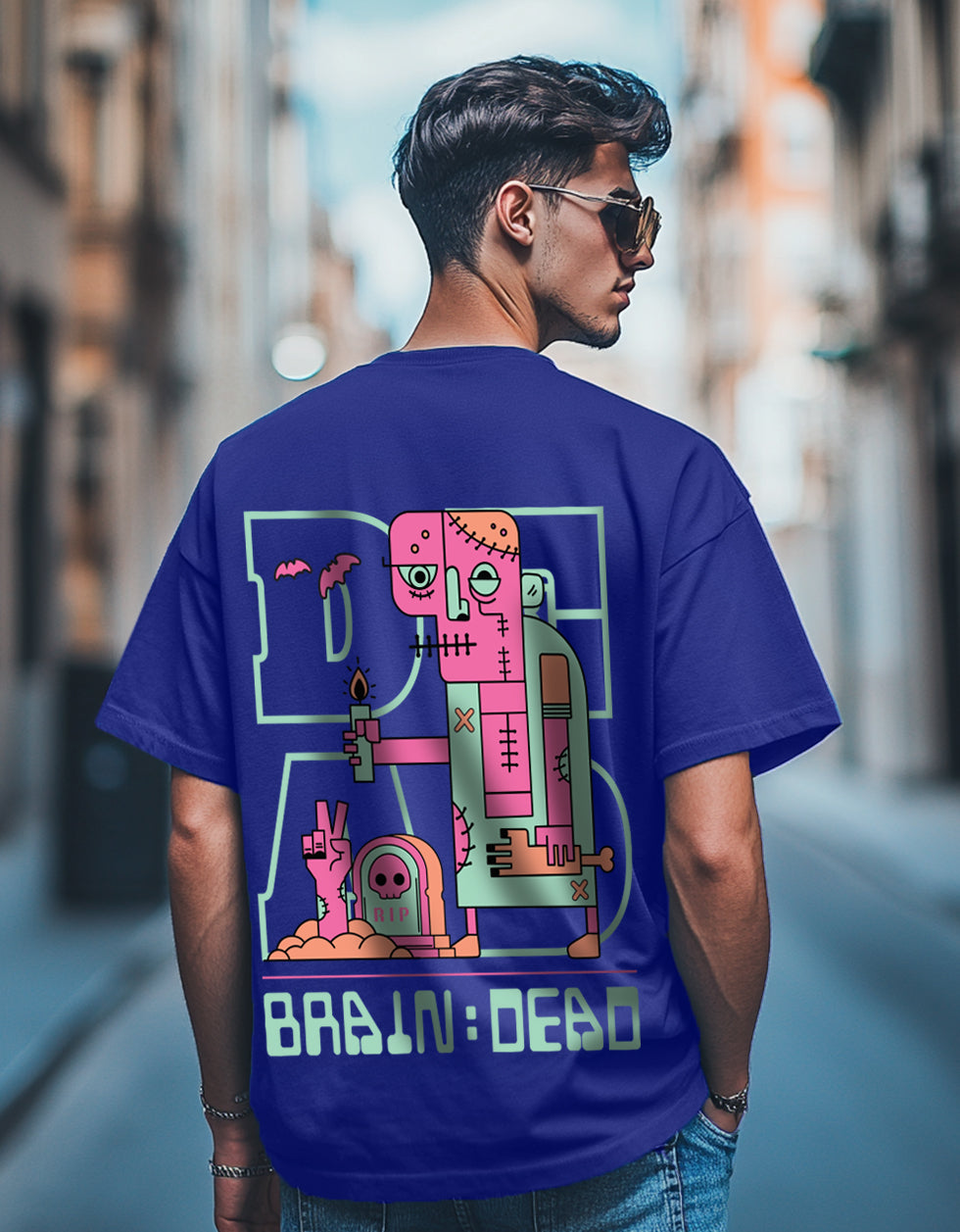 Braindead Royal Blue Oversized Printed T-shirt