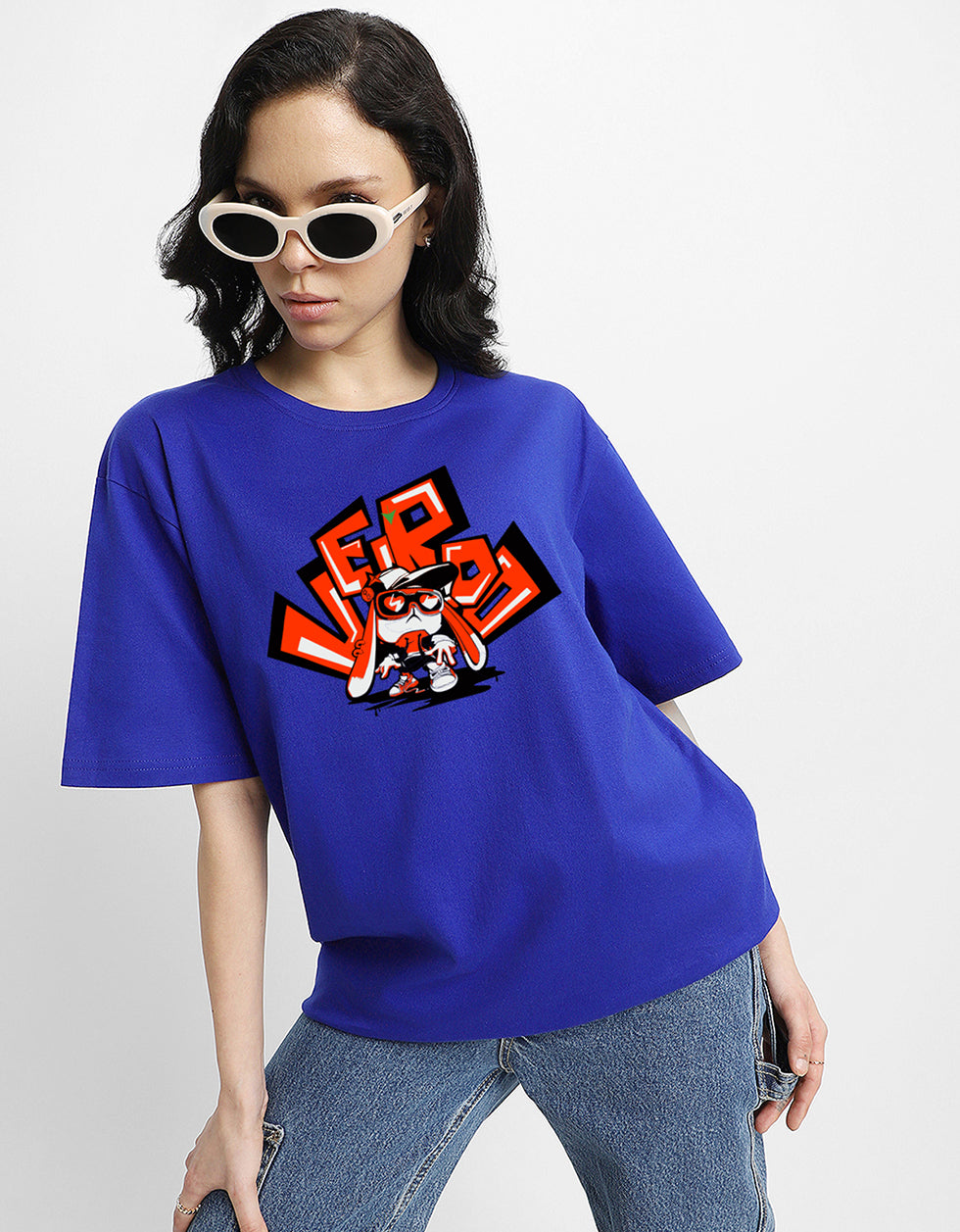 VEIRDO Women Blue Oversized Puff Front Printed Tshirt