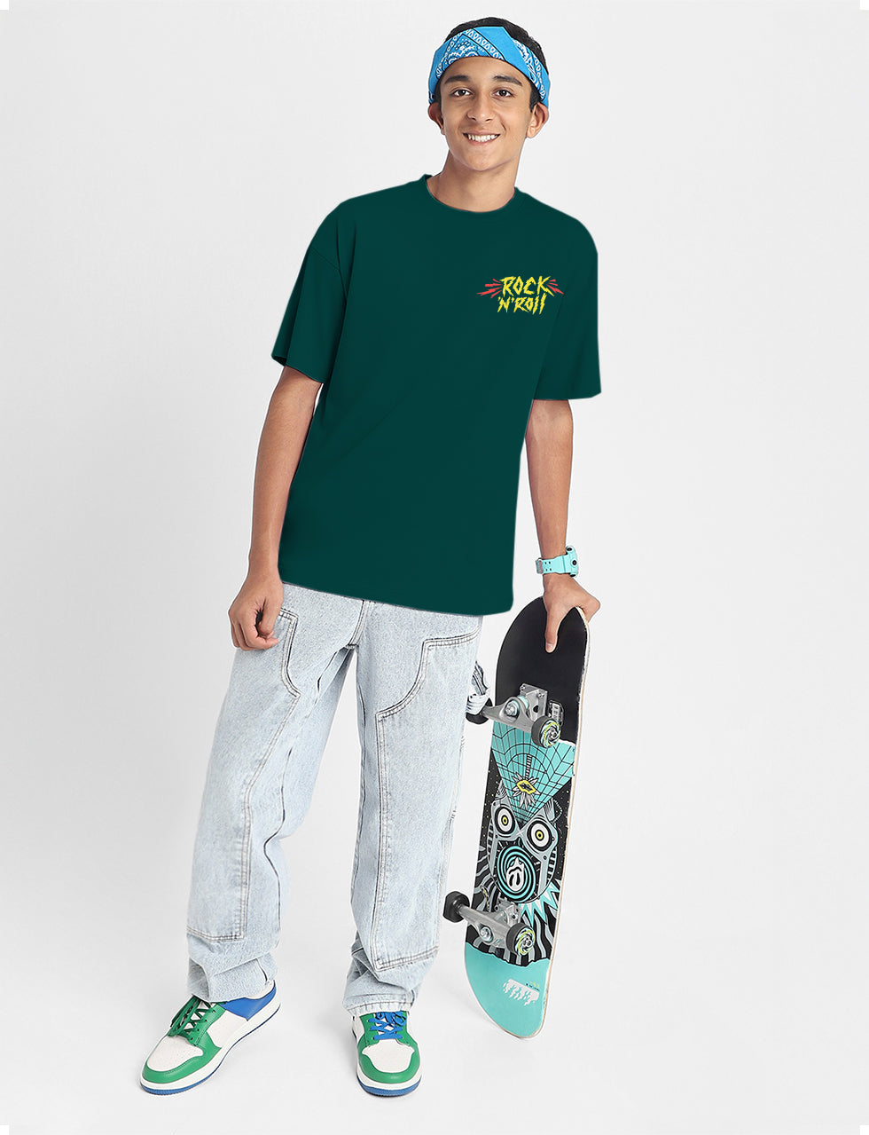 Rock & Roll Green Oversized Graphic Printed Boys T-shirt
