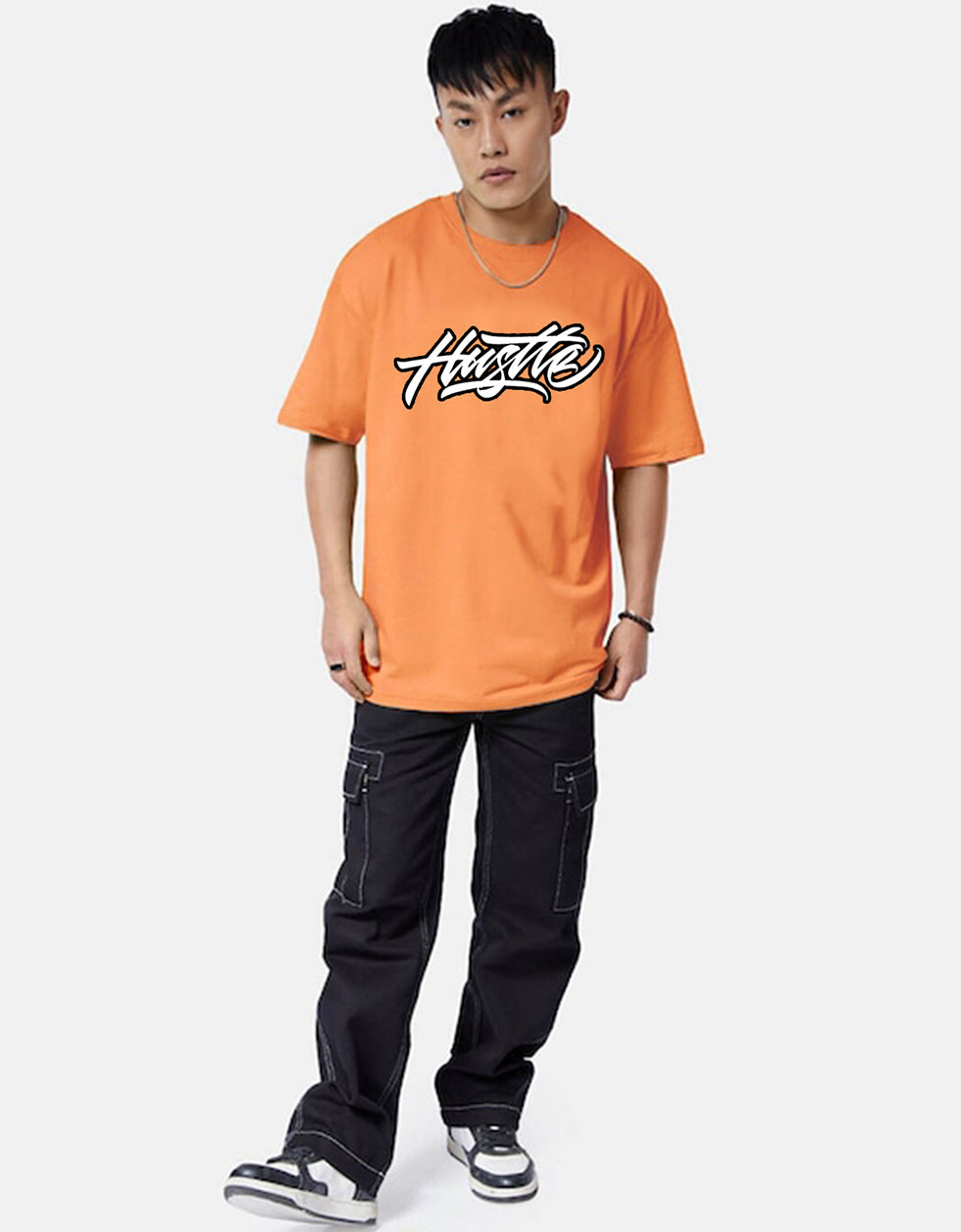 HUSTLE Orange Oversized Back Graphic Printed Tshirt