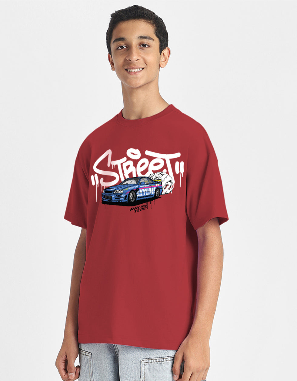 Street Racing Red Oversized Graphic Printed Boys T-shirt
