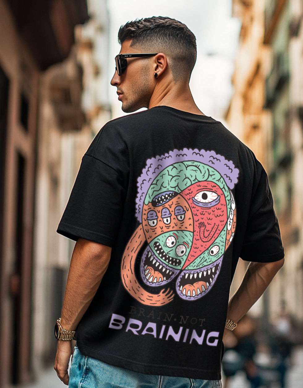 Brain Is Not Braining Black Oversized Graphic Printed T-shirt