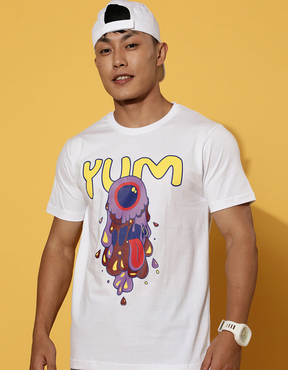 YUM White Regular Fit Chest Graphic Printed Tshirt