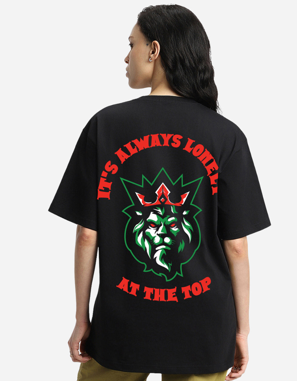 ALWAYS LONELY Women Black Oversized Back Graphic Printed Tshirt