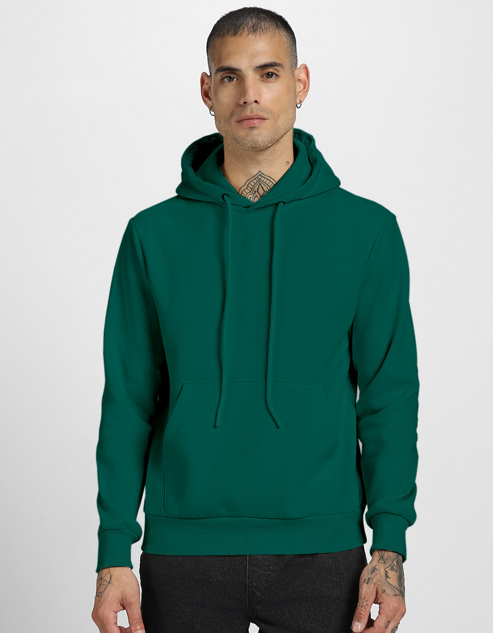 Dark Green Plain Regular Fit Hoodie