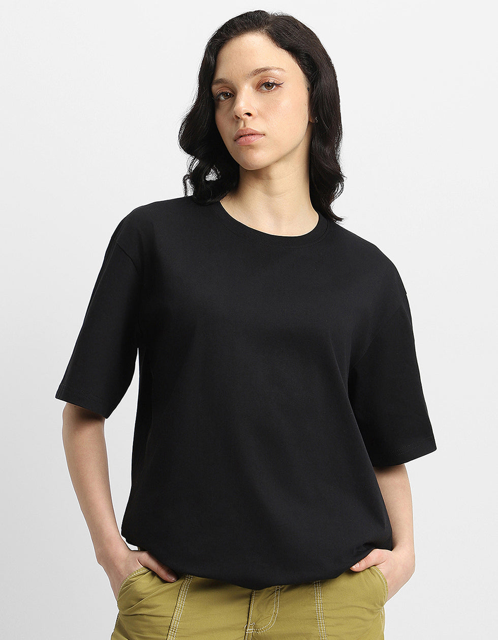 URBANSTART Women Black Oversized Back Graphic Printed Tshirt