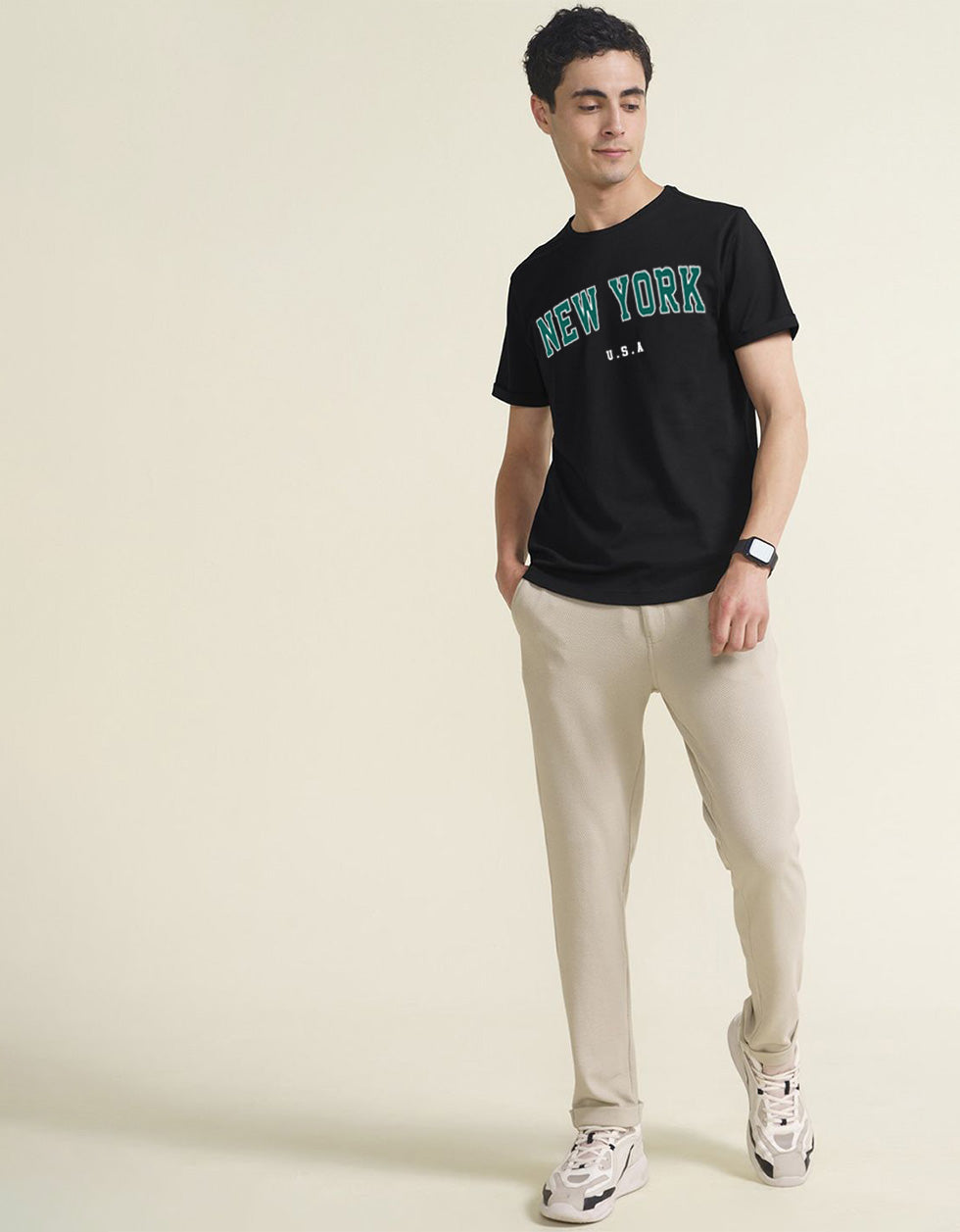 New York Black Regular Fit Printed T-shirt