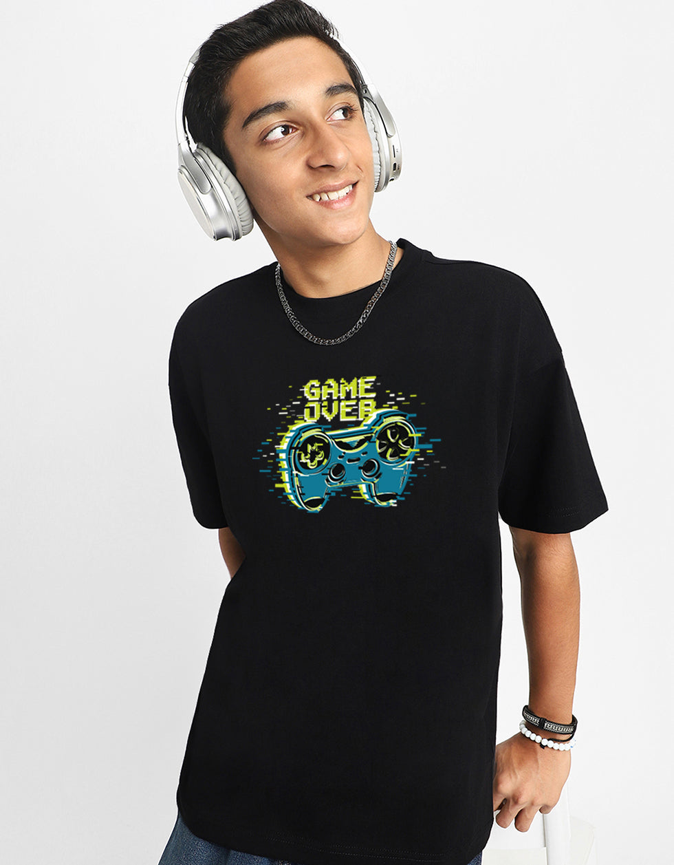 Game Over Black Oversized Graphic Printed Boys T-shirt