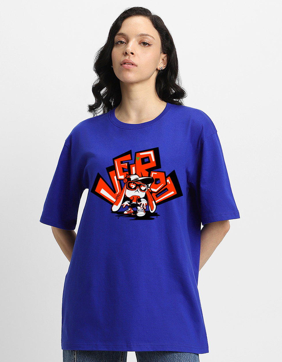 VEIRDO Women Blue Oversized Puff Front Printed Tshirt