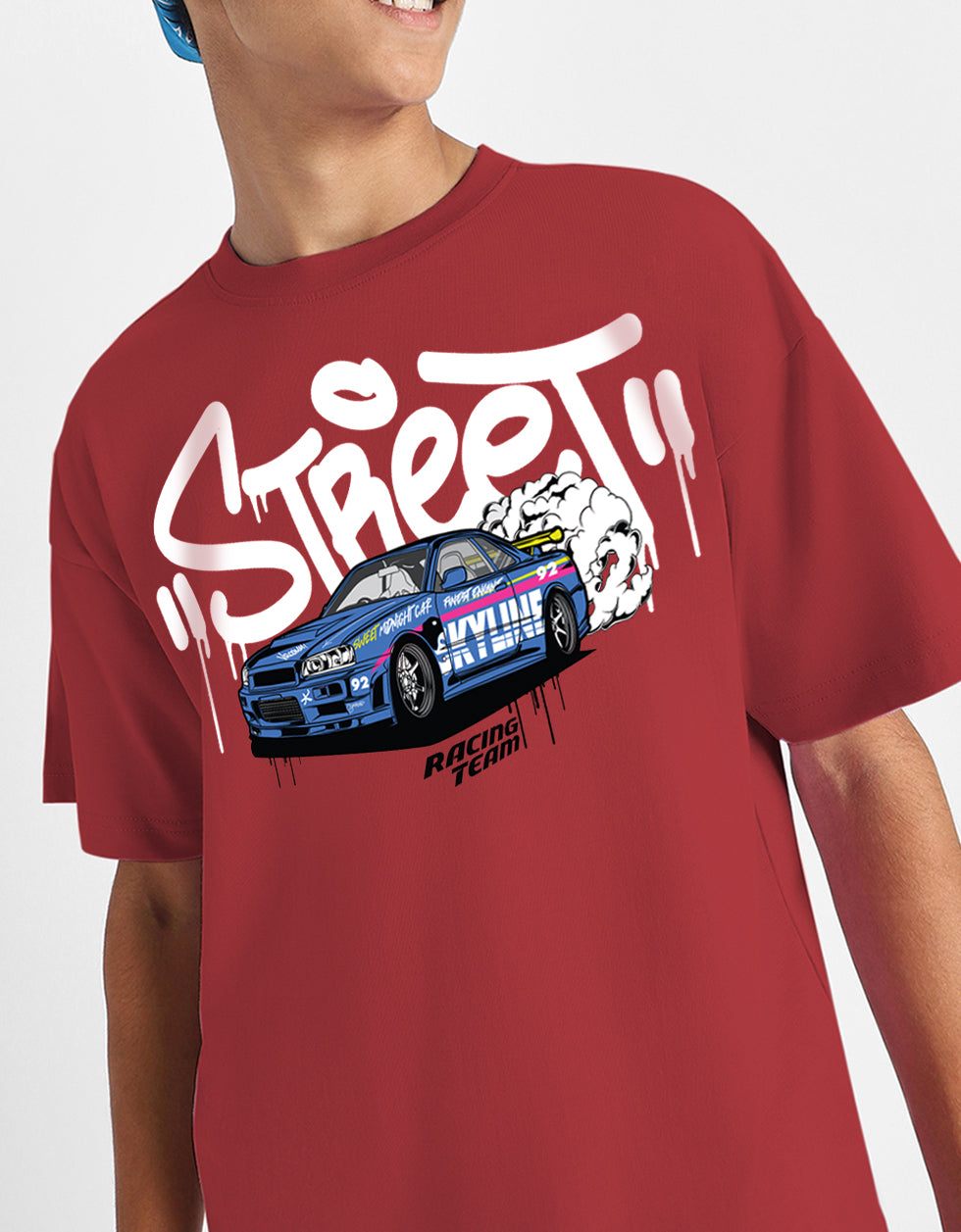 Street Racing Red Oversized Graphic Printed Boys T-shirt