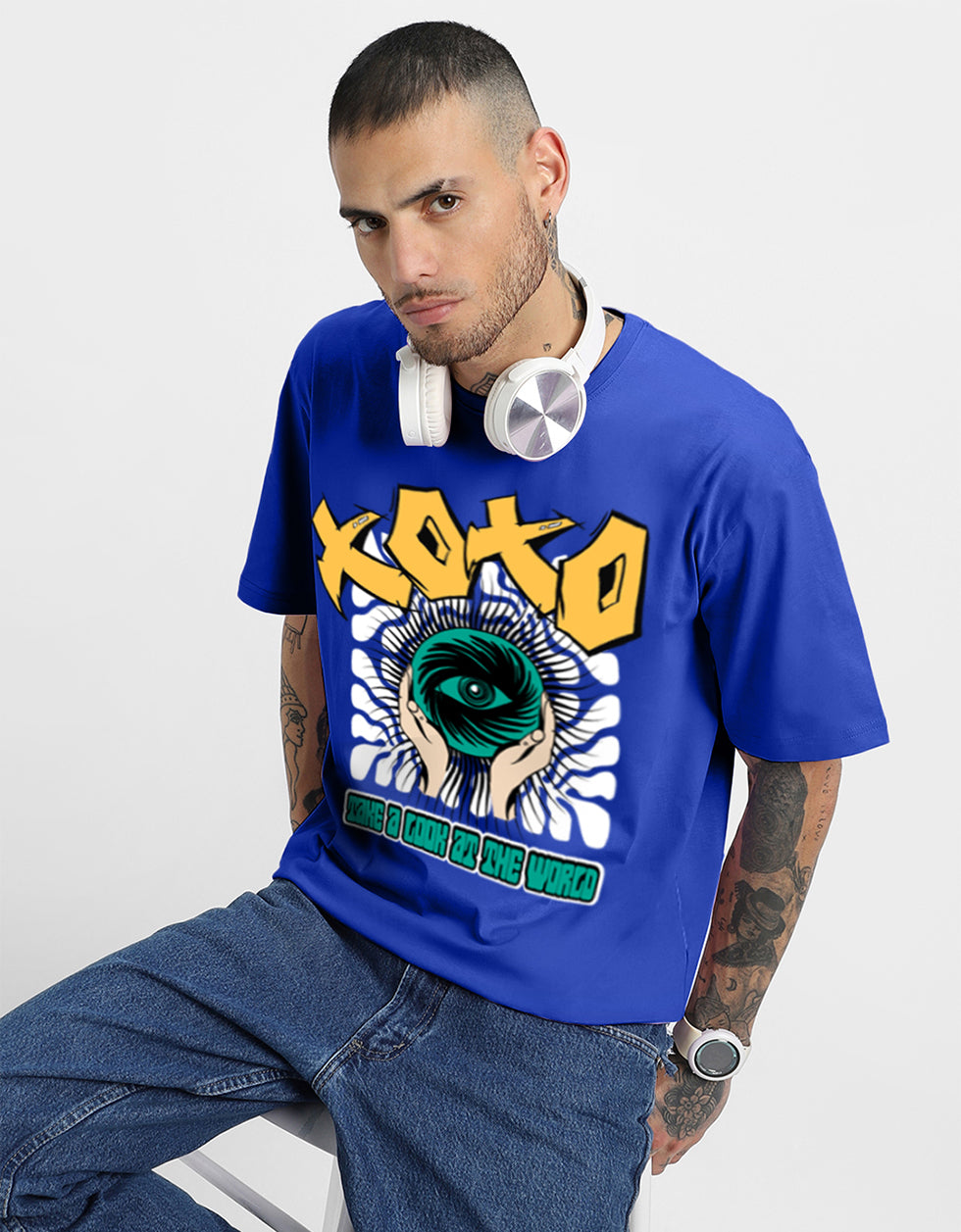 XOXO Printed Blue Men's Front Typographic Printed Tshirt
