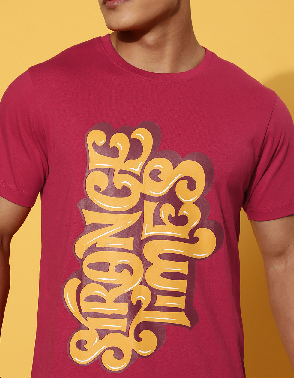 Strange Times Viva Magenta Printed Front Typographic Regular Printed Tshirt