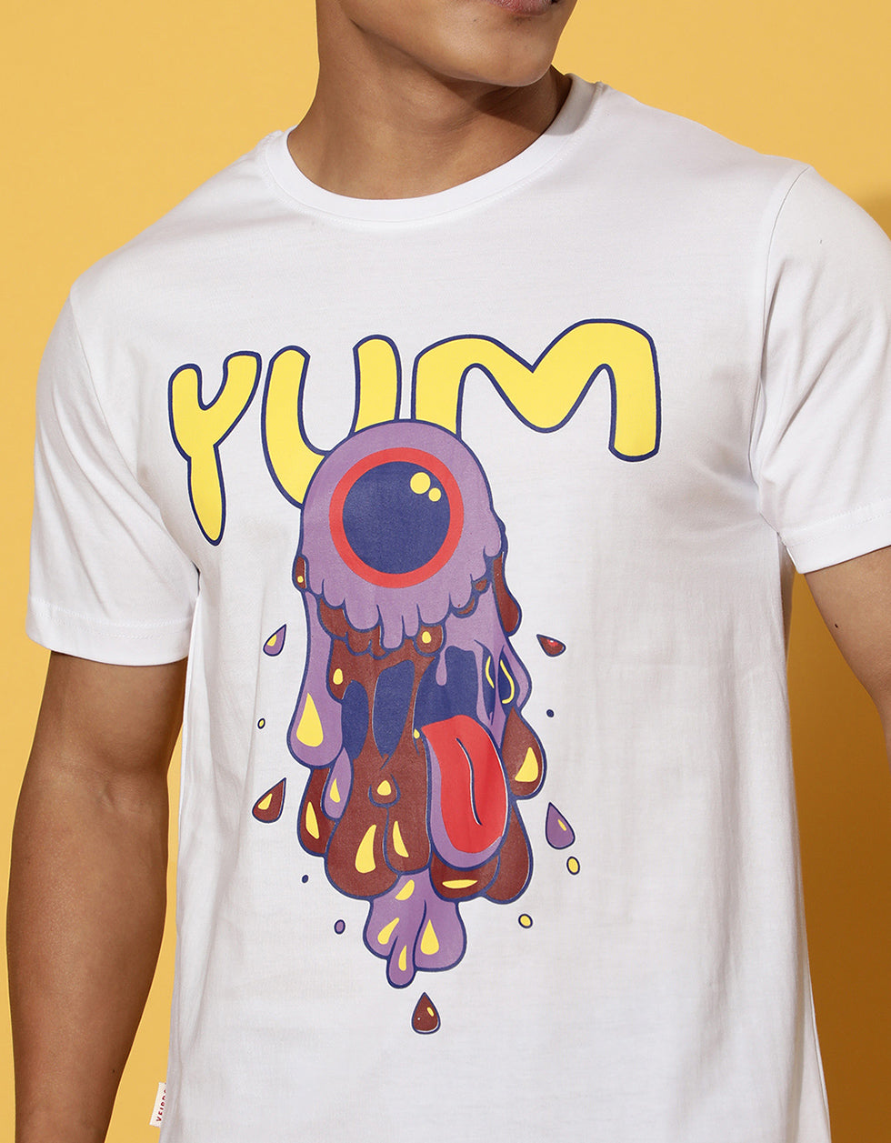 YUM White Regular Fit Chest Graphic Printed Tshirt