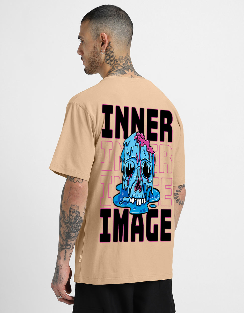 INNER IMAGE Beige Oversized Back Graphic Printed Tshirt