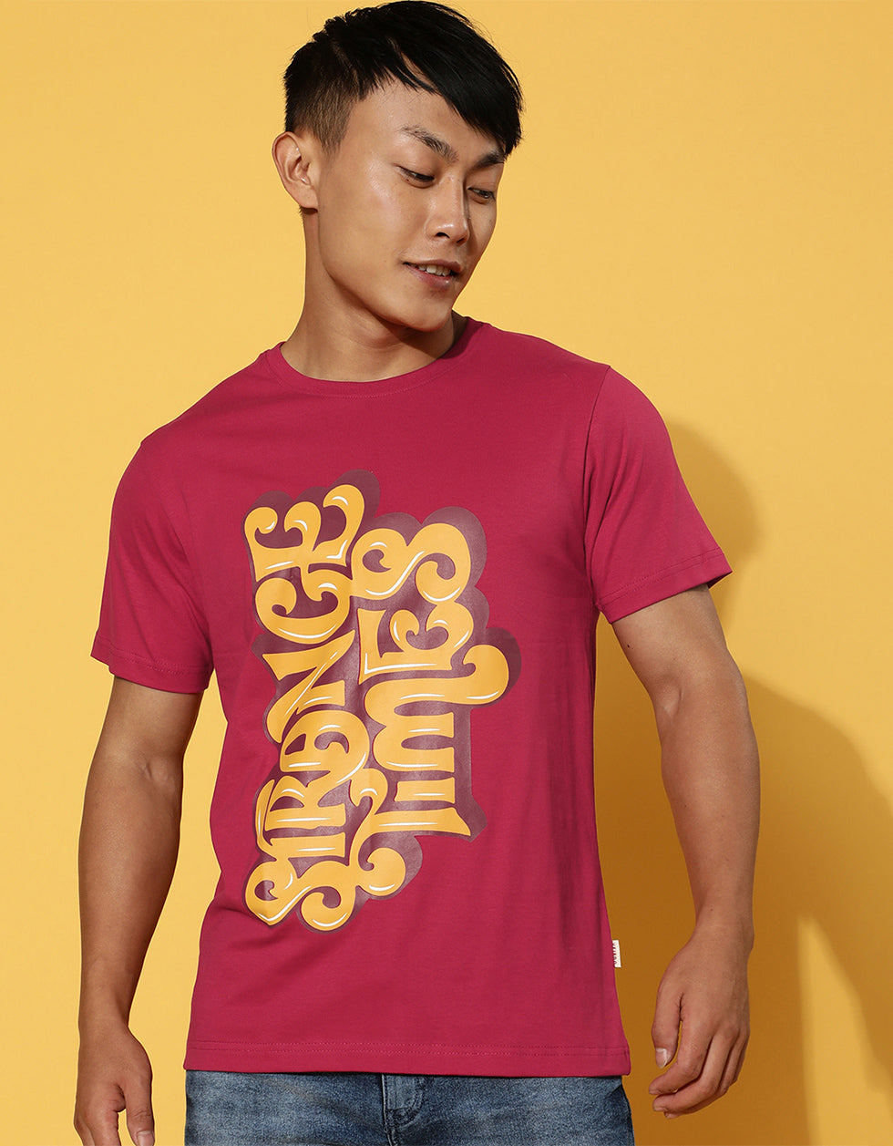 Strange Times Viva Magenta Printed Front Typographic Regular Printed Tshirt