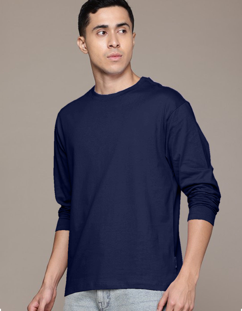 Navy Blue Plain Full Sleeves Regular Fit T-shirt