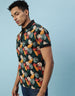 Black Leaf Printed All Over Floral Polo Tshirt