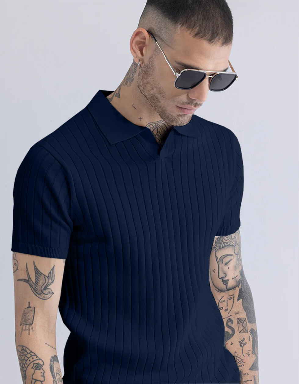 Navy Ribbed Flatknit Textured Regular Fit Exclusive Polo T-Shirt