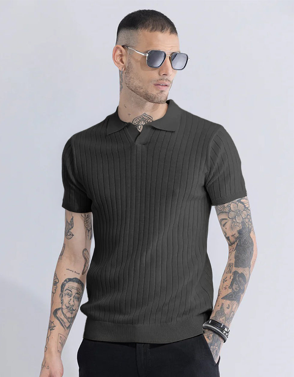 Grey Ribbed Flatknit Textured Regular Fit Exclusive Polo T-Shirt