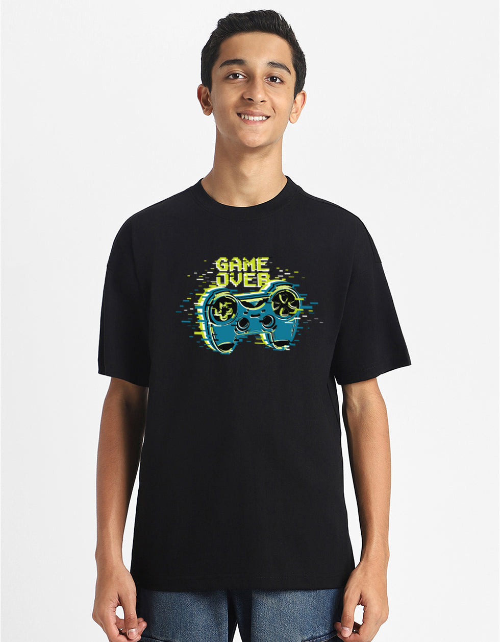Game Over Black Oversized Graphic Printed Boys T-shirt