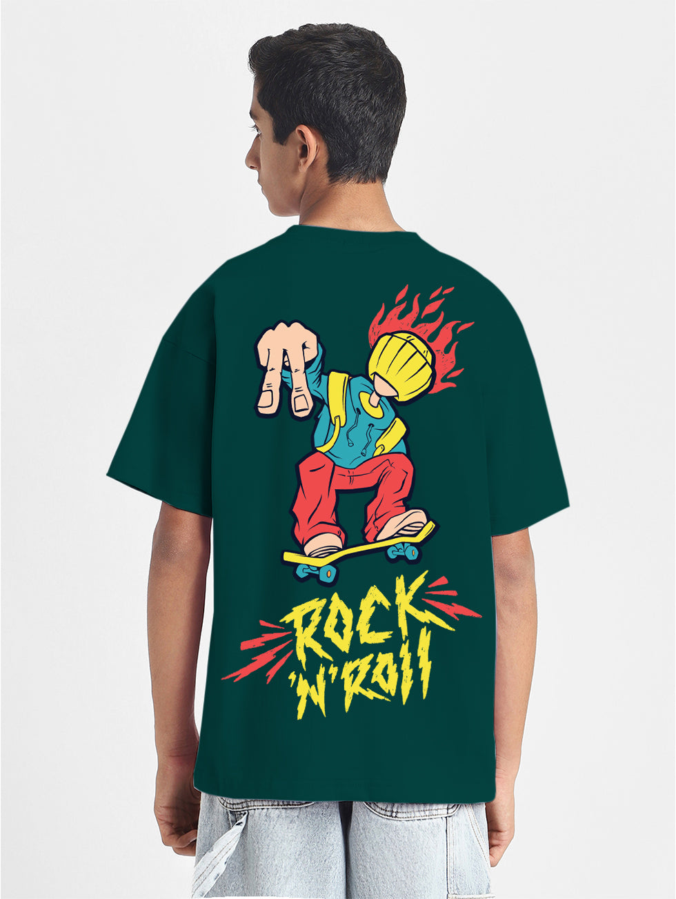 Rock & Roll Green Oversized Graphic Printed Boys T-shirt