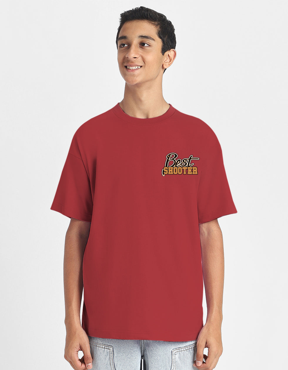 Best Shooter Red Oversized Graphic Printed Boys T-shirt