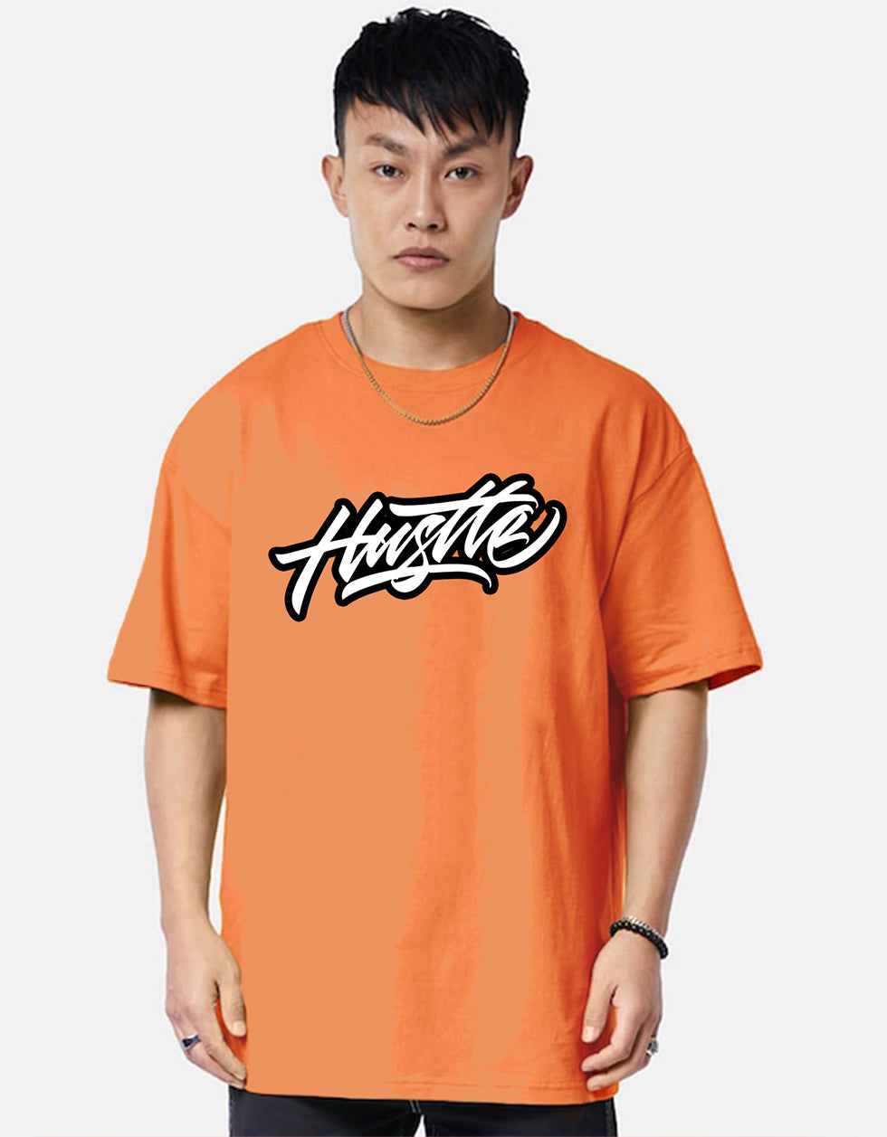 HUSTLE Orange Oversized Back Graphic Printed Tshirt