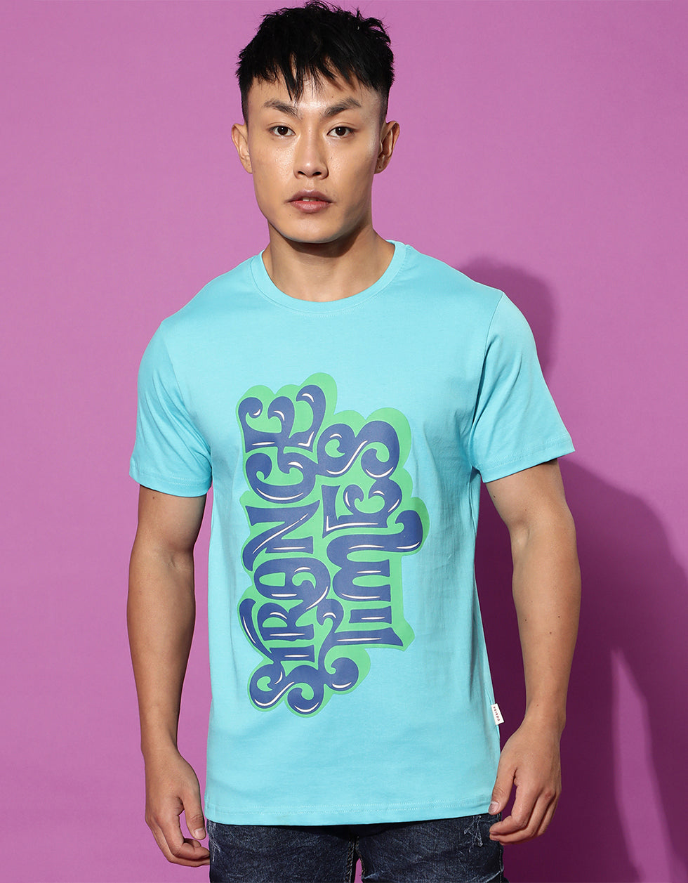 Strange Times Blue Printed Front Graphic Regular Printed Tshirt