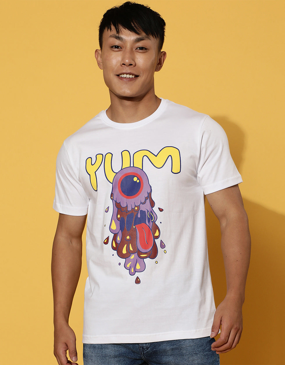 YUM White Regular Fit Chest Graphic Printed Tshirt