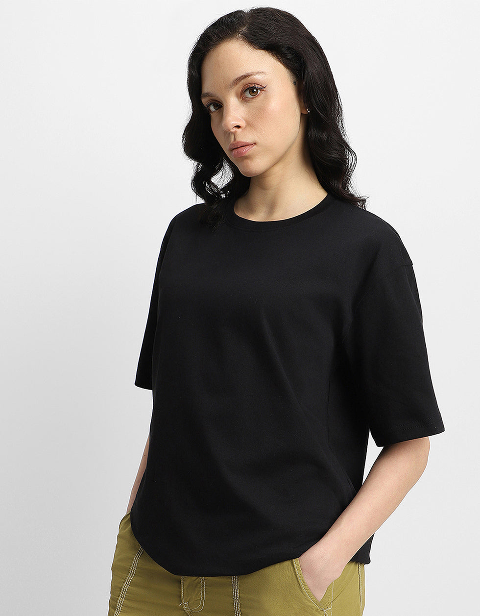 URBANSTART Women Black Oversized Back Graphic Printed Tshirt